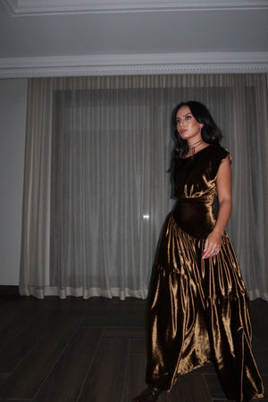 KHAKI VELVET OPHELIA DRESS